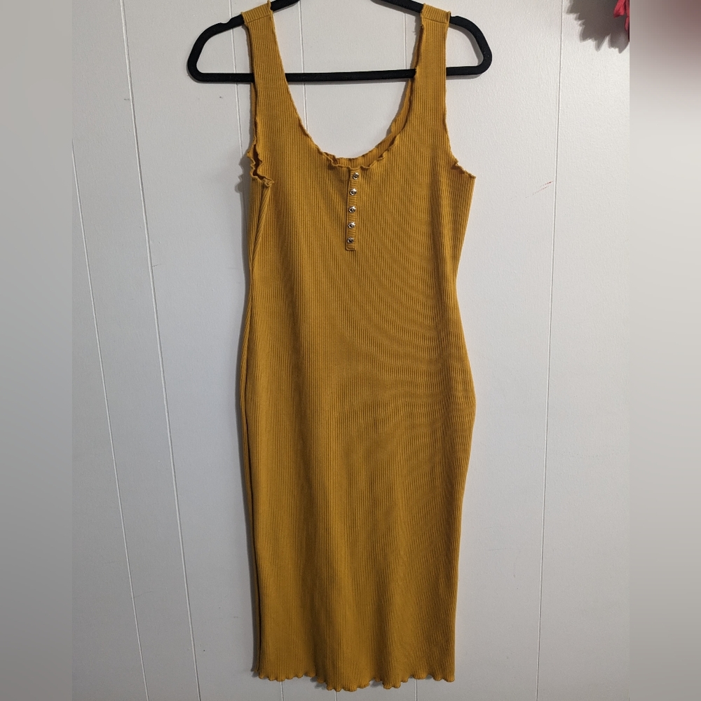 Popular 21 ribbed Bodycon dress - mustard yellow - size L